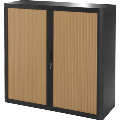 easyOffice® roller shutter cupboard, 2 shelves, height 1040 mm, black / beech.