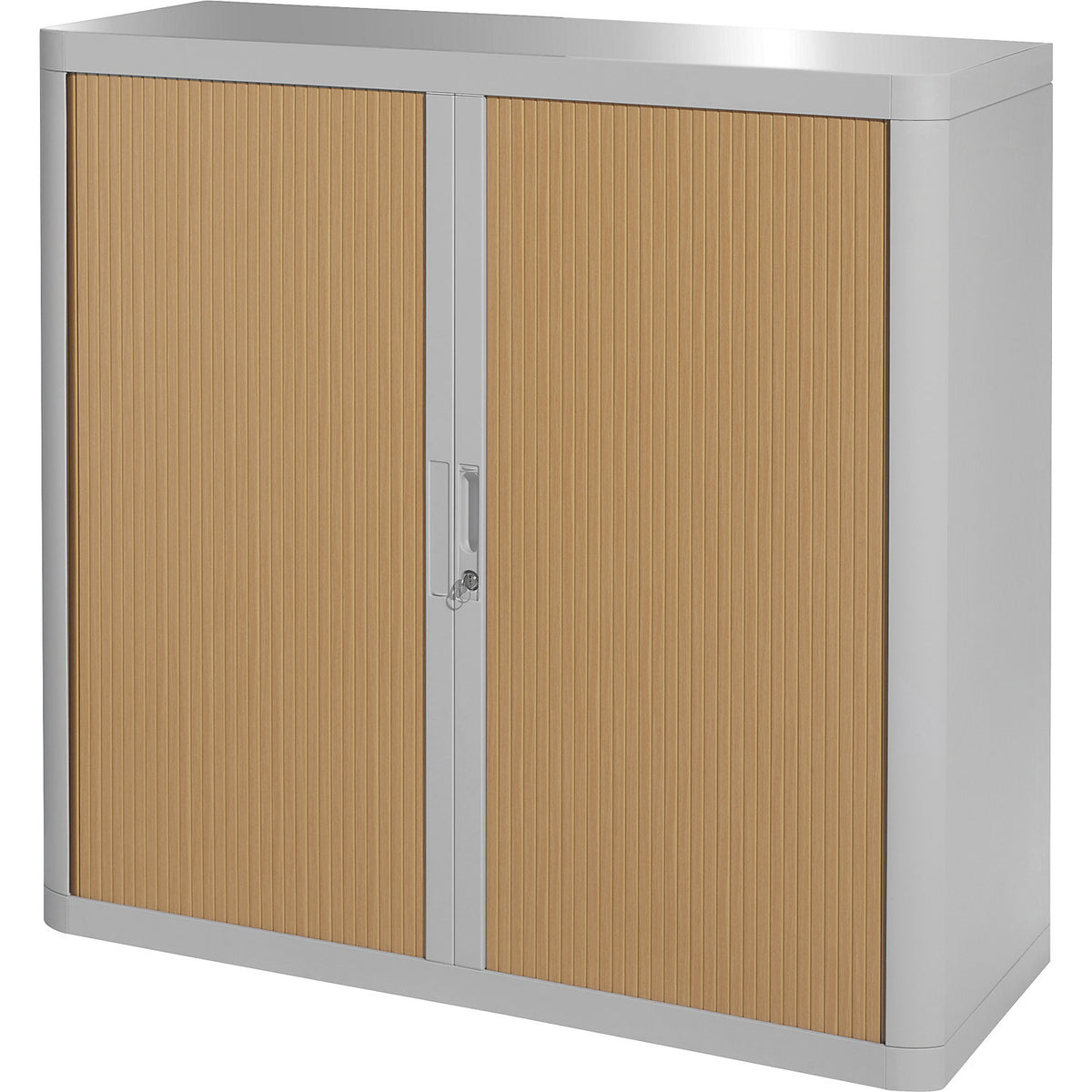 easyOffice® roller shutter cupboard, 2 shelves, height 1040 mm, grey / beech.