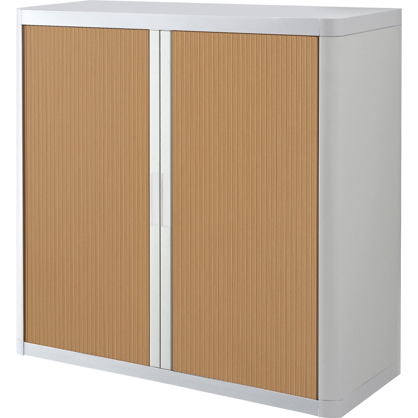 easyOffice® roller shutter cupboard, 2 shelves, height 1040 mm, white / beech.