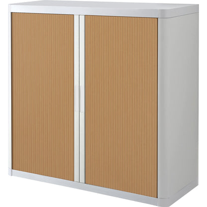 easyOffice® roller shutter cupboard, 2 shelves, height 1040 mm, white / beech.