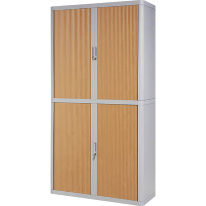 easyOffice® roller shutter cupboard, 4 shelves, height 2040 mm, grey / beech.