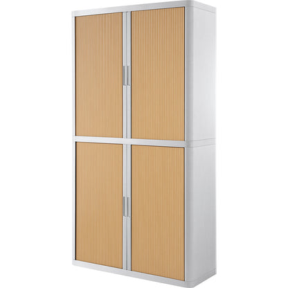 easyOffice® roller shutter cupboard, 4 shelves, height 2040 mm, white / beech.