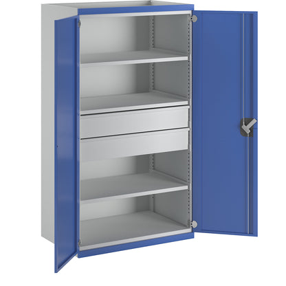Heavy duty cupboard with 3 shelves, 2 drawers, HxWxD 1950 x 1084 x 690 mm.