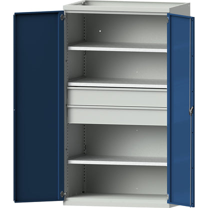 Heavy duty cupboard with 3 shelves, 2 drawers, HxWxD 1950 x 1084 x 690 mm.
