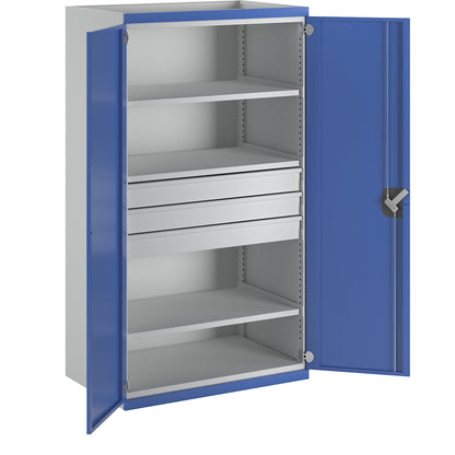 Heavy duty cupboard with 3 shelves, 3 drawers 120 mm, HxWxD 1950 x 1084 x 690 mm.