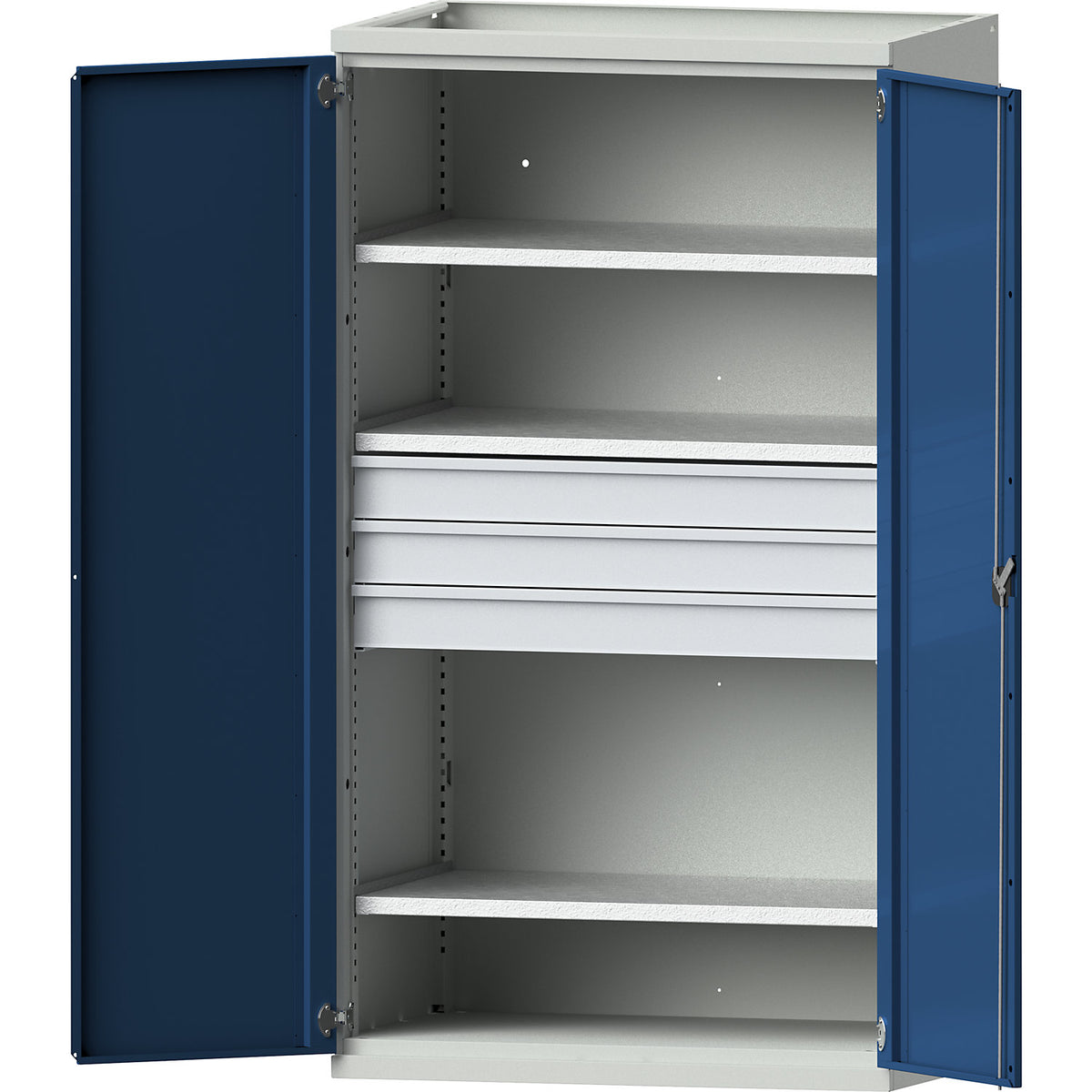 Heavy duty cupboard with 3 shelves, 3 drawers 120 mm, HxWxD 1950 x 1084 x 690 mm.