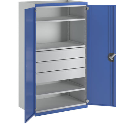 Heavy duty cupboard with 3 shelves, 3 drawers 180 mm, HxWxD 1950 x 1084 x 690 mm.