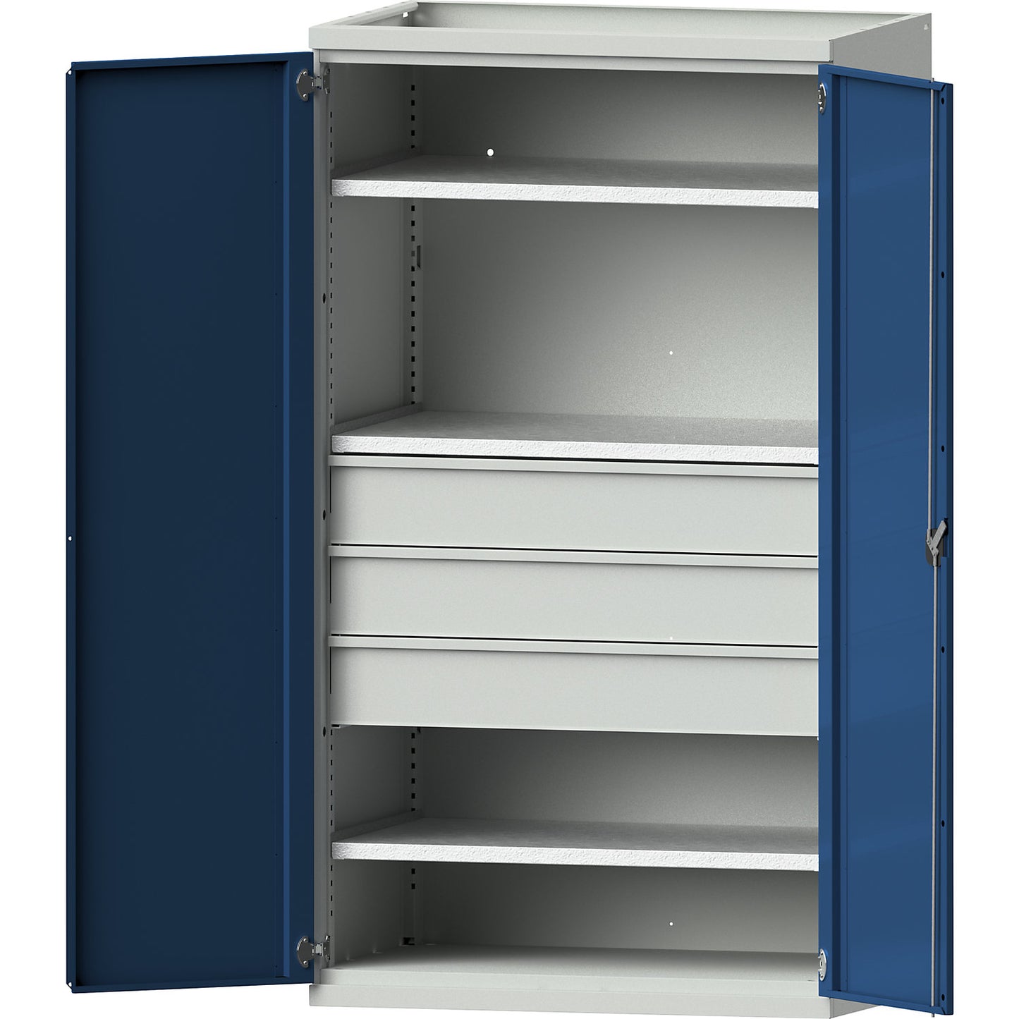 Heavy duty cupboard with 3 shelves, 3 drawers 180 mm, HxWxD 1950 x 1084 x 690 mm.