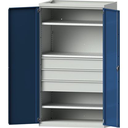 Heavy duty cupboard with 3 shelves, 3 drawers 180 mm, HxWxD 1950 x 1084 x 690 mm.