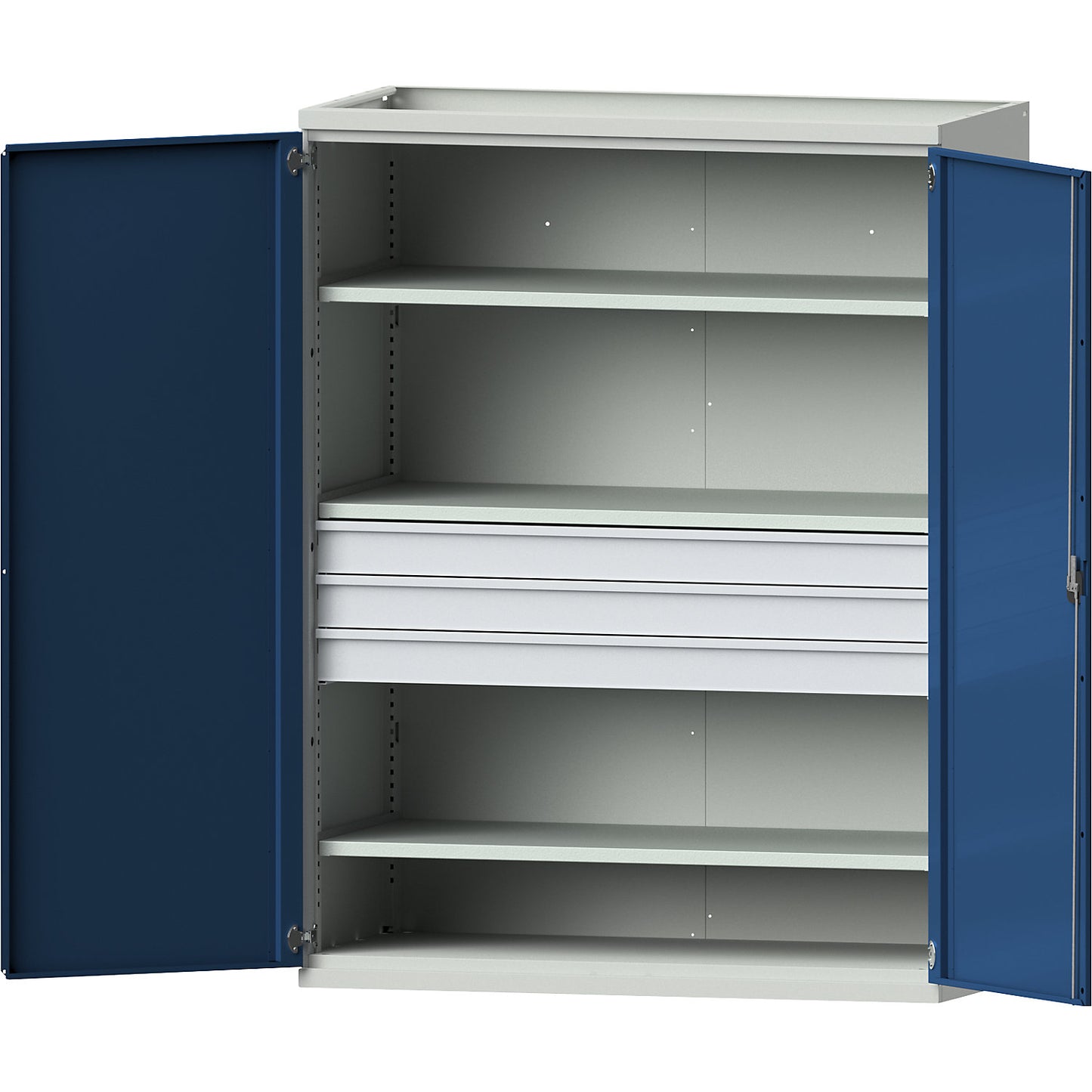 JUMBO heavy duty cupboard with 3 shelves, 3 drawers 120 mm, HxWxD 1950 x 1484 x 690 mm.