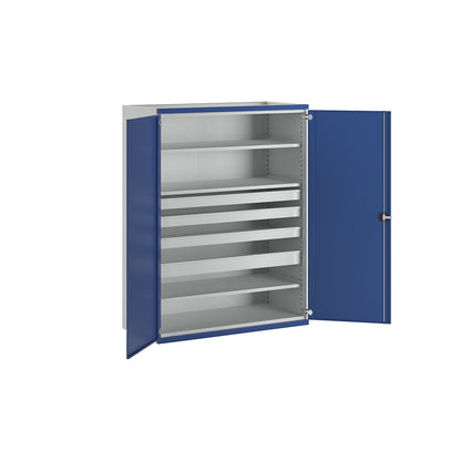 JUMBO heavy duty cupboard with 3 shelves, 4 drawers: 3 x 90, 1 x 120 mm, HxWxD 1950 x 1484 x 690 mm.