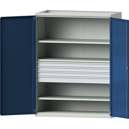 JUMBO heavy duty cupboard with 3 shelves, 4 drawers: 3 x 90, 1 x 120 mm, HxWxD 1950 x 1484 x 690 mm.
