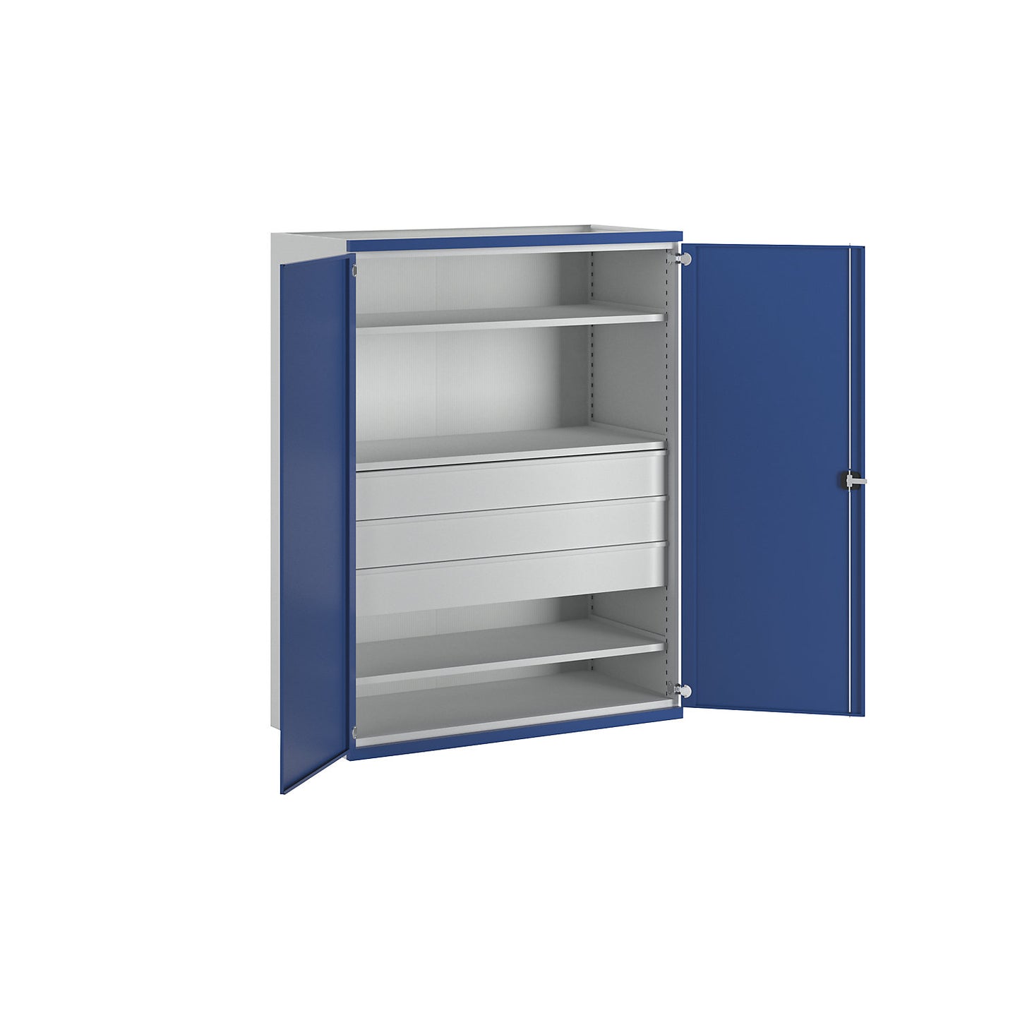JUMBO heavy duty cupboard with 3 shelves, 3 drawers 180 mm, HxWxD 1950 x 1484 x 690 mm.