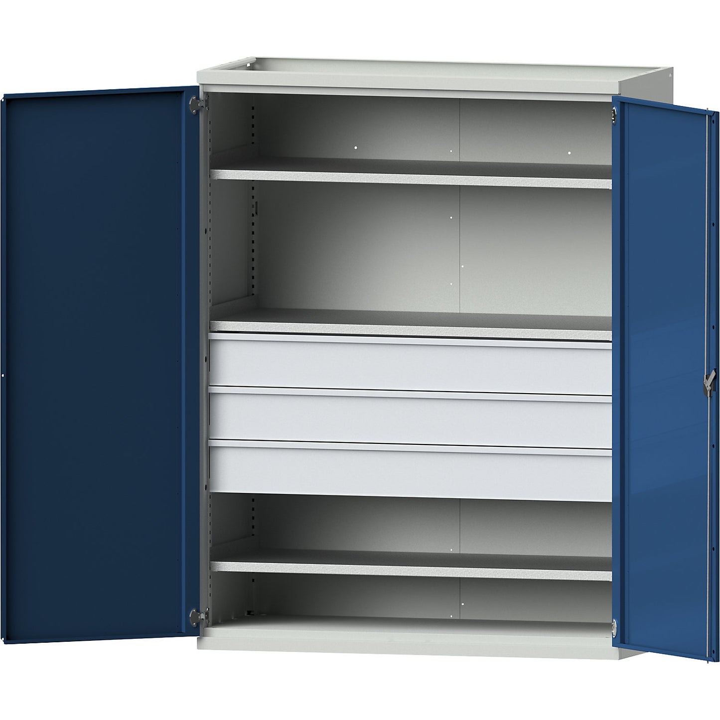 JUMBO heavy duty cupboard with 3 shelves, 3 drawers 180 mm, HxWxD 1950 x 1484 x 690 mm.
