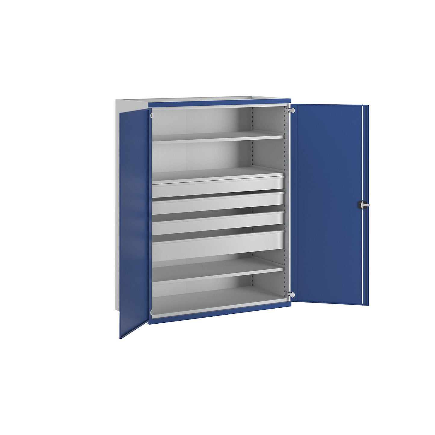 JUMBO heavy duty cupboard with 3 shelves, 4 drawers: 3 x 120, 1 x 180 mm, HxWxD 1950 x 1484 x 690 mm.