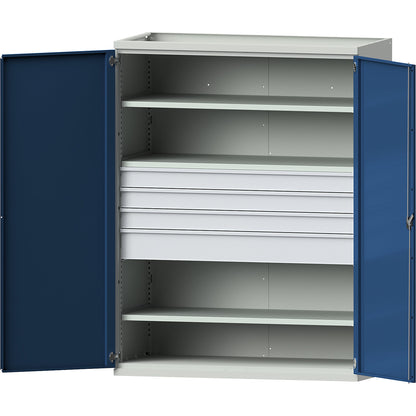 JUMBO heavy duty cupboard with 3 shelves, 4 drawers: 3 x 120, 1 x 180 mm, HxWxD 1950 x 1484 x 690 mm.