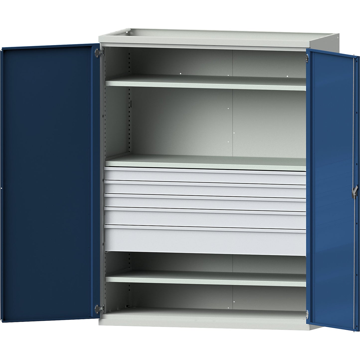 JUMBO heavy duty cupboard with 3 shelves, 5 drawers, HxWxD 1950 x 1484 x 690 mm.