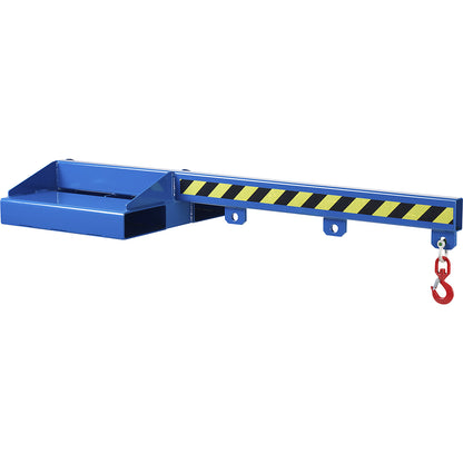 Load arm with rotating swivel hook, gentian blue RAL 5010, length 1500 mm, max. load 1000 kg.