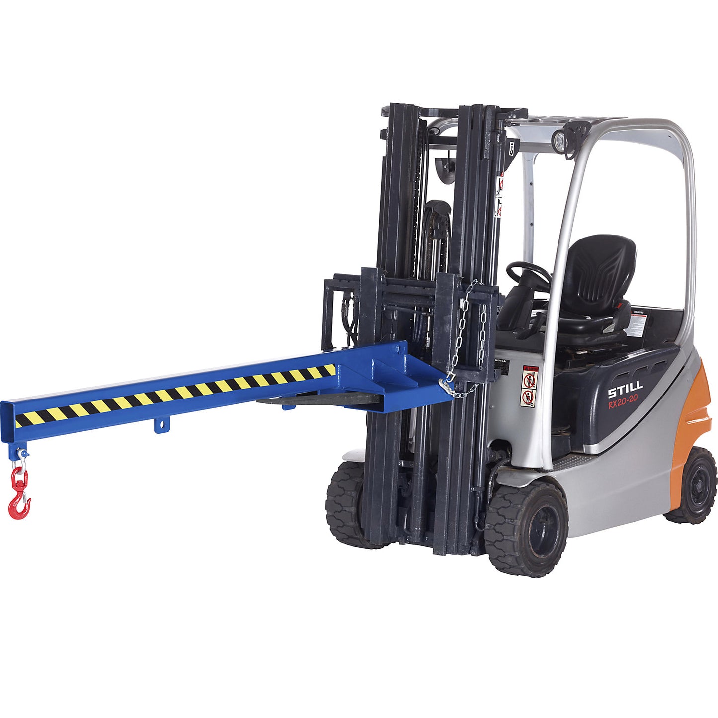 Load arm with rotating swivel hook, gentian blue RAL 5010, length 2400 mm, max. load 1000 kg.
