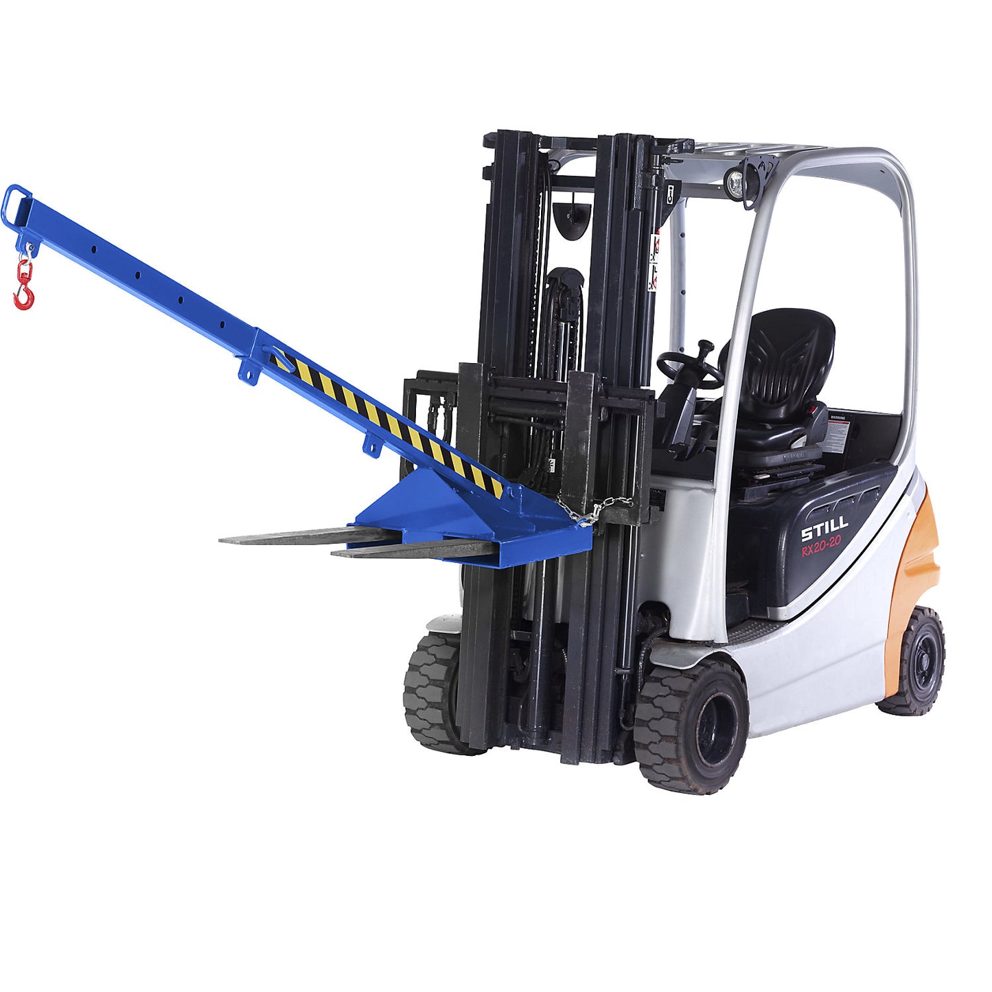 Load arm with rotating swivel hook, gentian blue RAL 5010, inclination 25°, telescopic, max. load 1000 kg.