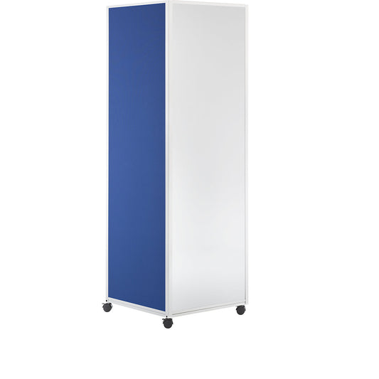 Mobile information stand, with 4 double swivel castors with wheel stops, blue fabric, whiteboard.