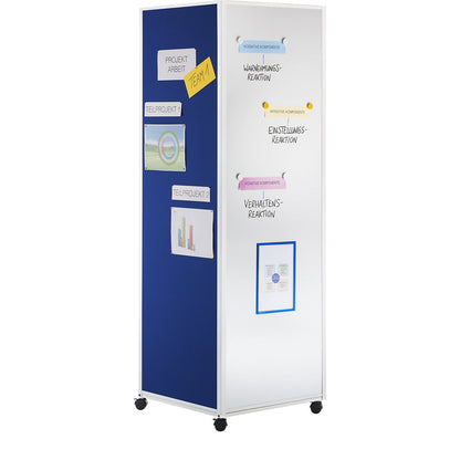 Mobile information stand, with 4 double swivel castors with wheel stops, blue fabric, whiteboard.