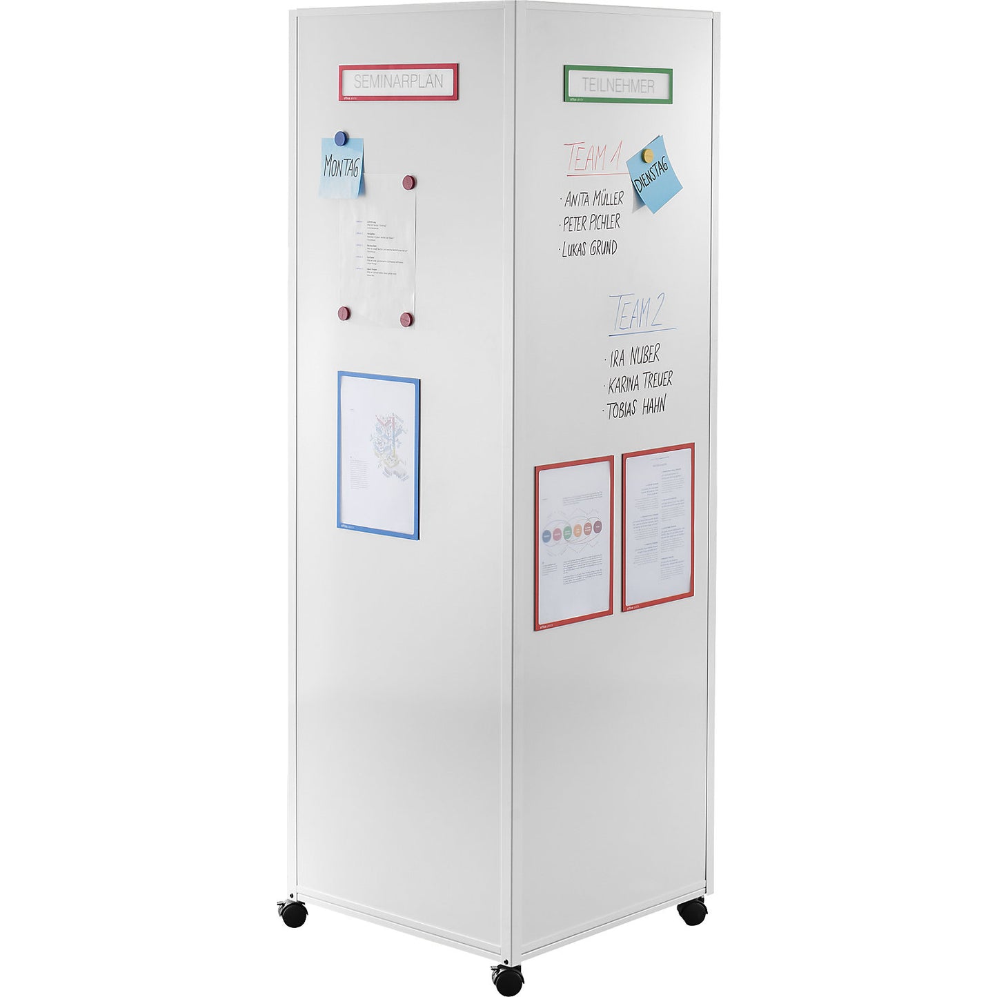 Mobile information stand, with 4 double swivel castors with wheel stops, blue fabric, whiteboard.