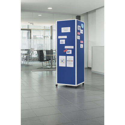 Mobile information stand, with 4 double swivel castors with wheel stops, textile surface, blue.