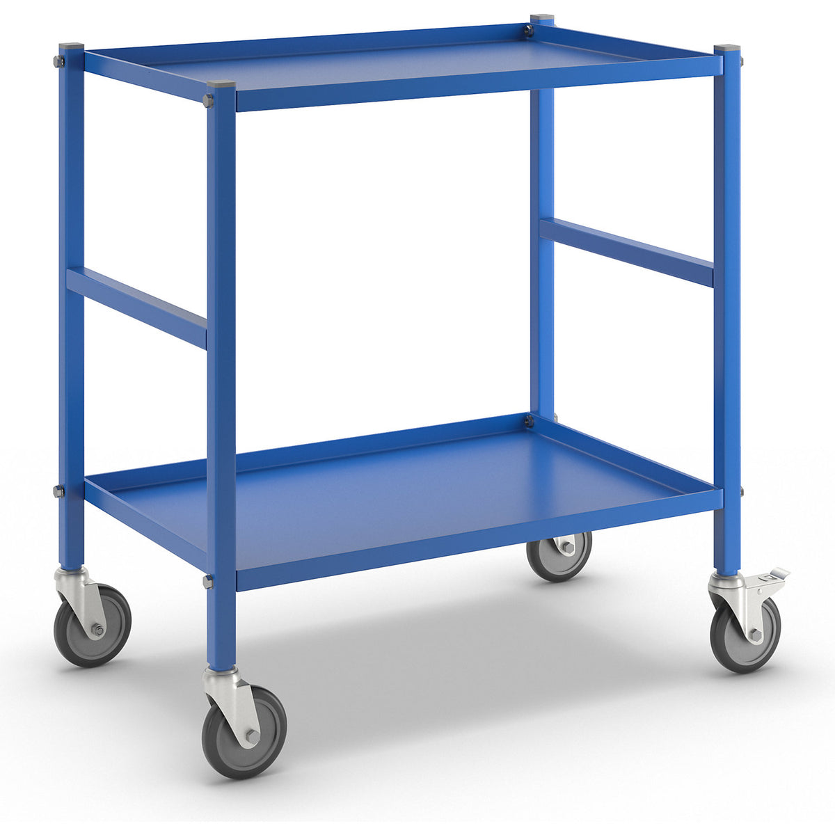 Table trolley with 2 shelves, 4 swivel castors, 2 with stops, blue.