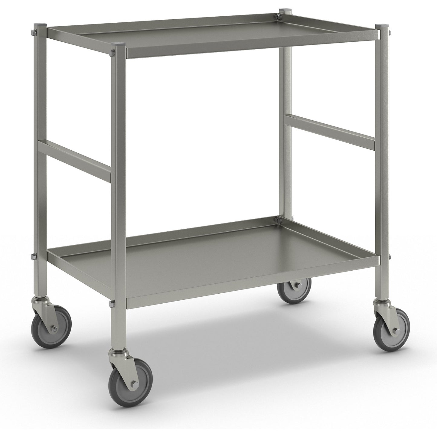 Table trolley with 2 shelves, 4 swivel castors, electrolytically zinc plated.