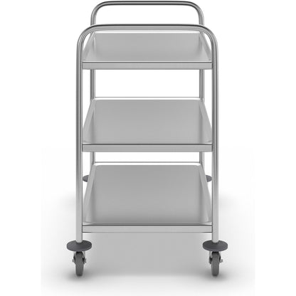 Stainless steel serving trolley, LxWxH 710 x 400 x 805 mm, with 3 shelves.