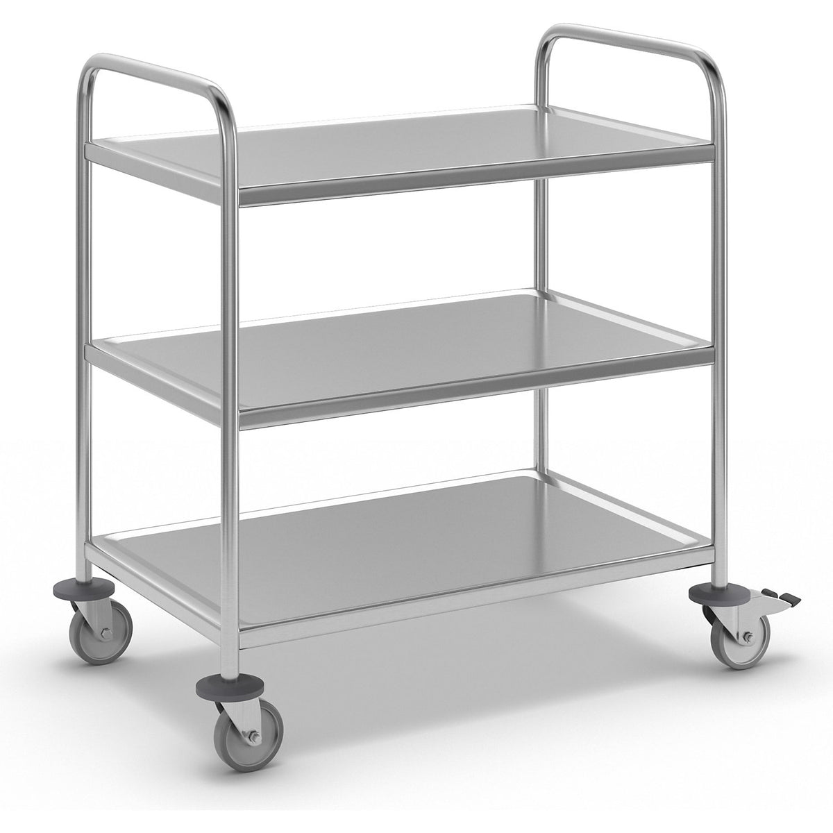 Stainless steel serving trolley, LxWxH 710 x 400 x 805 mm, with 3 shelves.