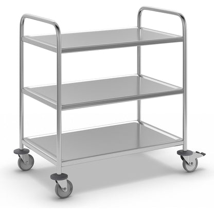 Stainless steel serving trolley, LxWxH 710 x 400 x 805 mm, with 3 shelves.