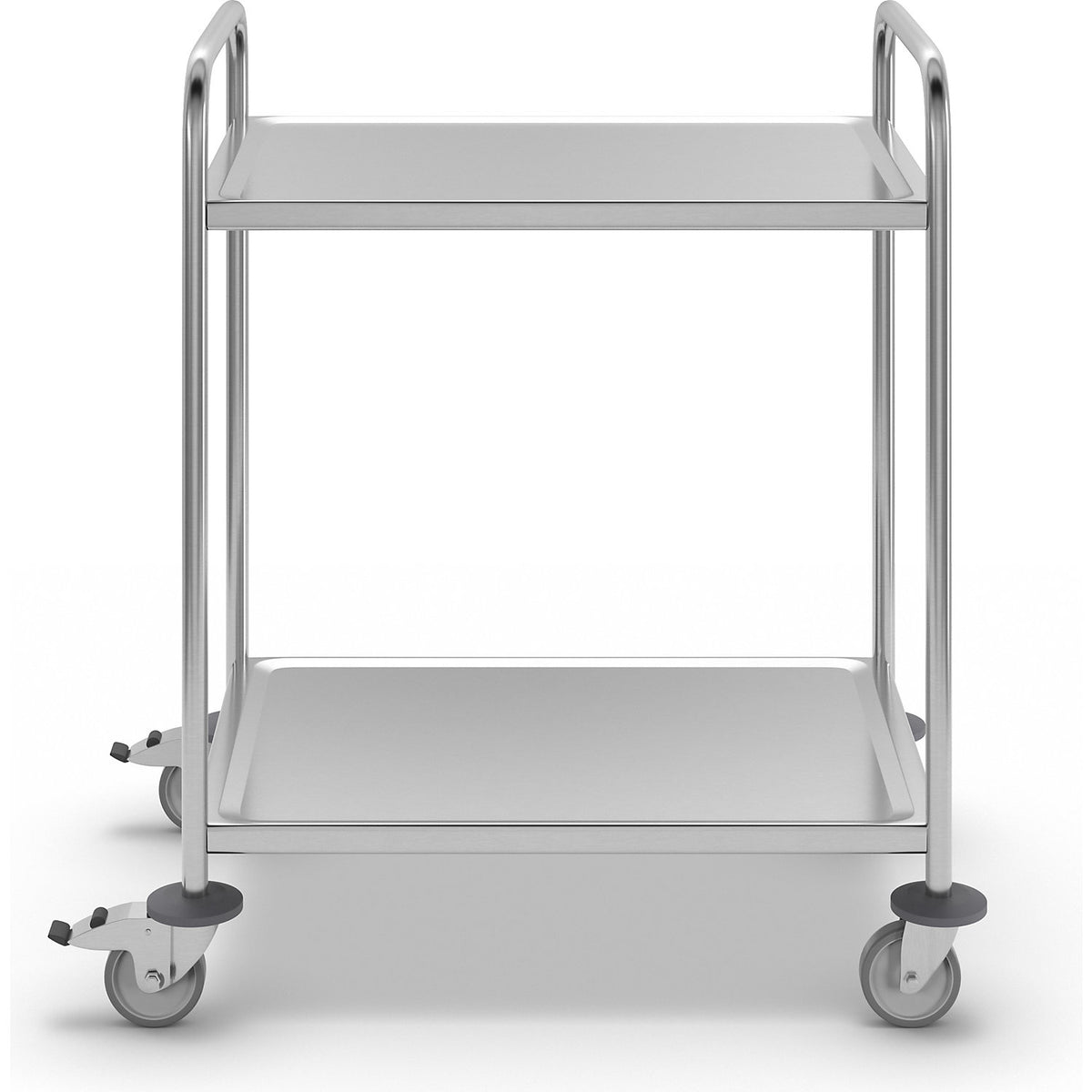 Stainless steel serving trolley, LxWxH 910 x 590 x 940 mm, with 2 shelves.
