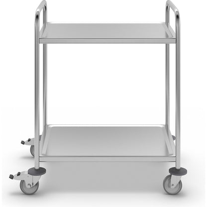 Stainless steel serving trolley, LxWxH 910 x 590 x 940 mm, with 2 shelves.