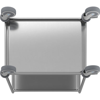 Stainless steel serving trolley, LxWxH 910 x 590 x 965 mm, with 2 shelves.