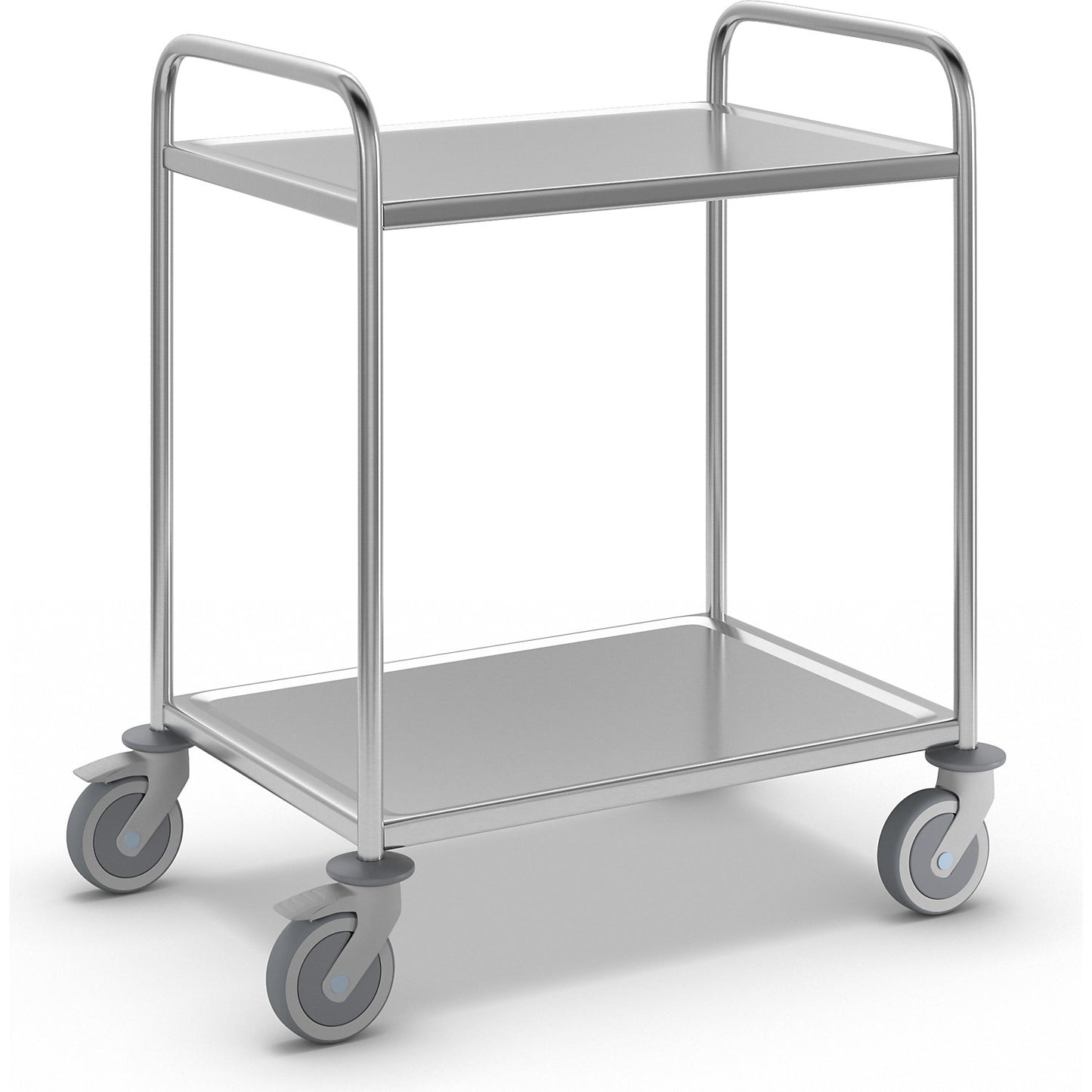 Stainless steel serving trolley, LxWxH 910 x 590 x 965 mm, with 2 shelves.