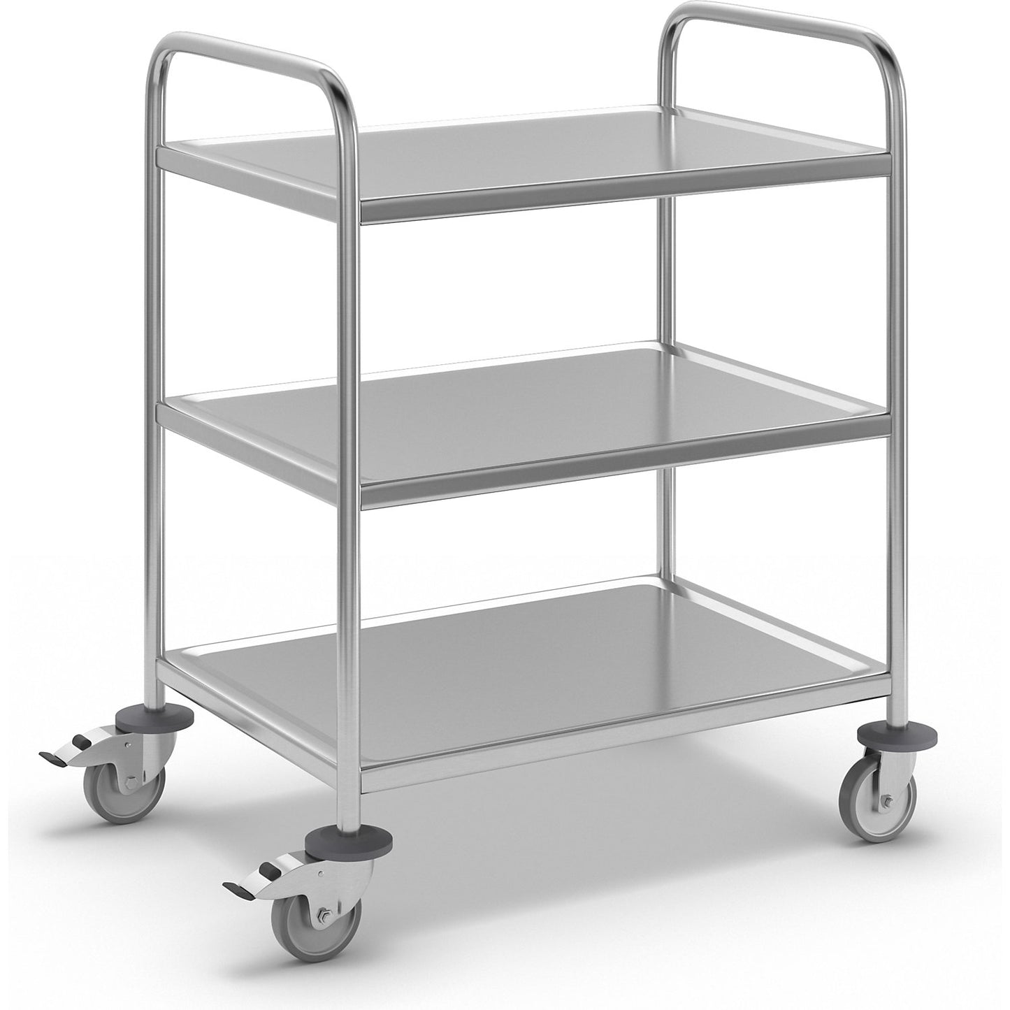 Stainless steel serving trolley, LxWxH 910 x 590 x 940 mm, with 3 shelves.