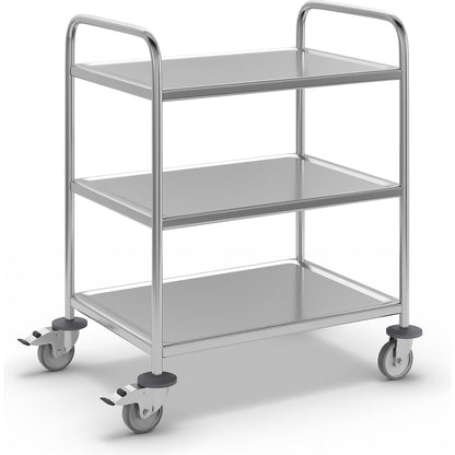 Stainless steel serving trolley, LxWxH 910 x 590 x 940 mm, with 3 shelves.