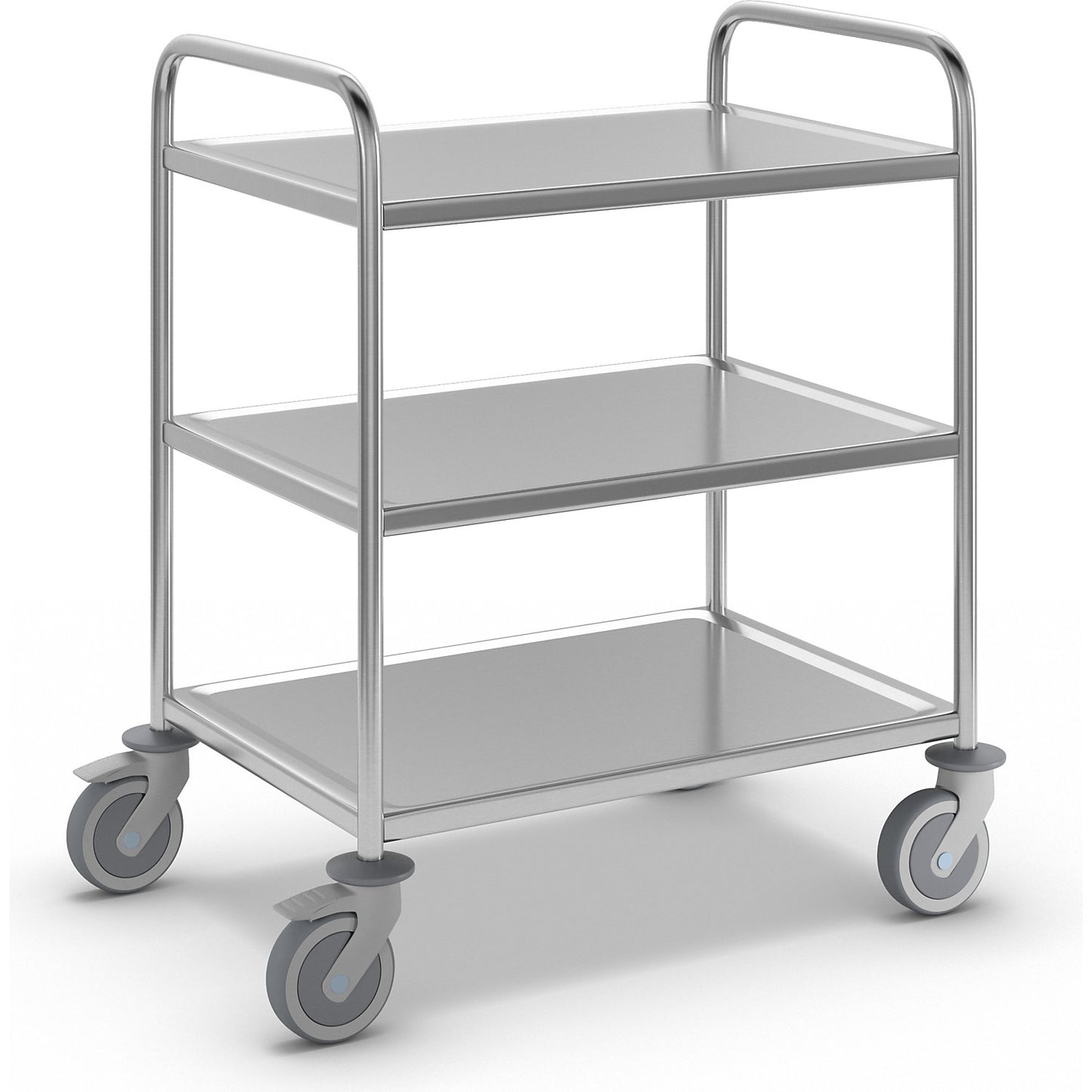Stainless steel serving trolley, LxWxH 910 x 590 x 965 mm, with 3 shelves.