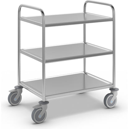 Stainless steel serving trolley, LxWxH 910 x 590 x 965 mm, with 3 shelves.