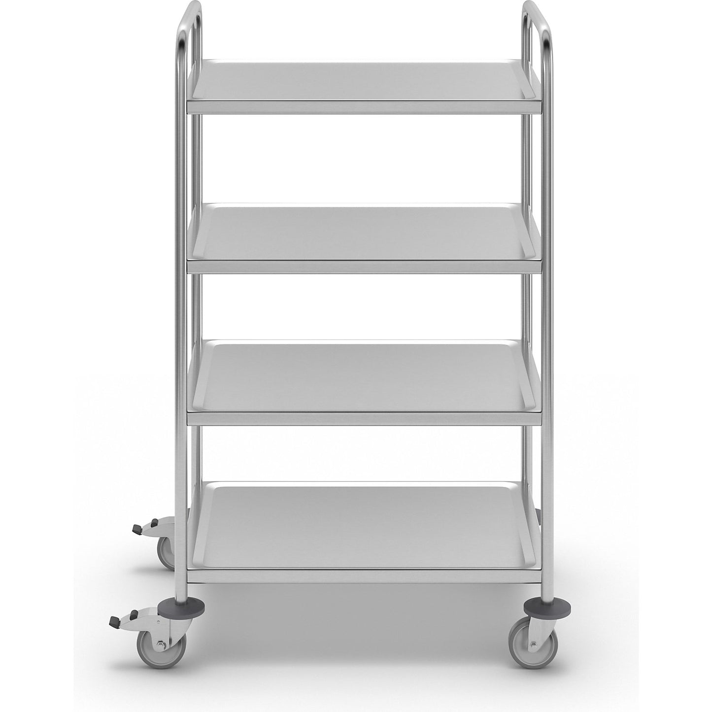 Stainless steel serving trolley, LxWxH 910 x 590 x 1260 mm, with 4 shelves.