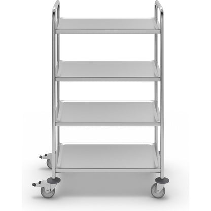 Stainless steel serving trolley, LxWxH 910 x 590 x 1260 mm, with 4 shelves.