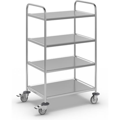 Stainless steel serving trolley, LxWxH 910 x 590 x 1260 mm, with 4 shelves.