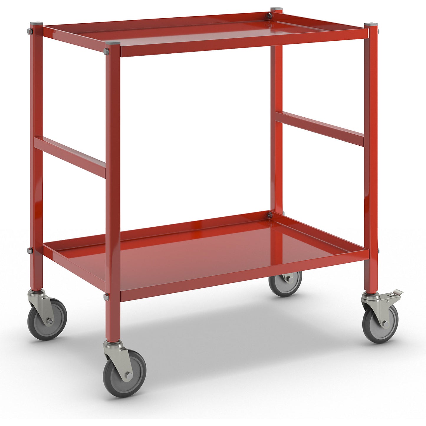 Table trolley with 2 shelves, 4 swivel castors, 2 with stops, red.