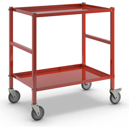Table trolley with 2 shelves, 4 swivel castors, 2 with stops, red.