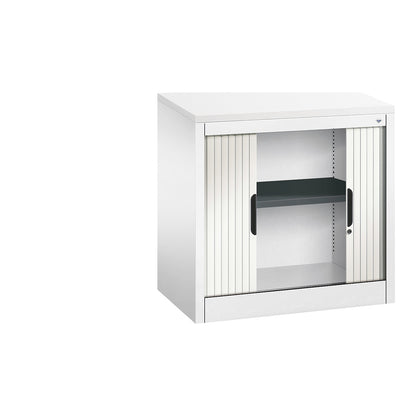 Roller shutter cupboard with horizontal shutter, HxWxD 720 x 800 x 420 mm, 1 shelf, 1.5 file heights, traffic white.