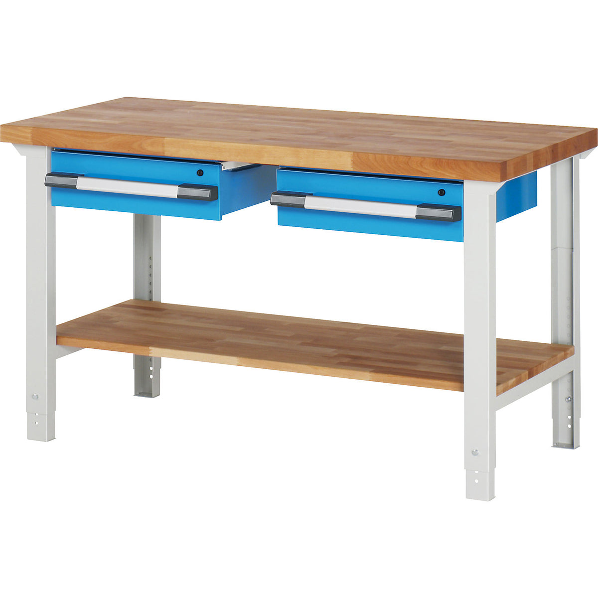 Workbench with suspended drawers, modular system series 7000, 2 individual drawers, storage shelf, feet, WxD 1500 x 700 mm.