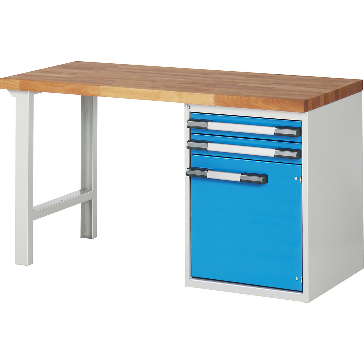 Workbench with fixed pedestals, series 7000 modular system, 1 fixed pedestal with 2 drawers + door, 1 foot, WxD 1500 x 700 mm.