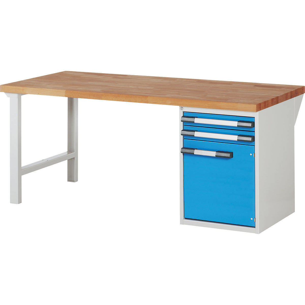 Workbench with fixed pedestals, series 7000 modular system, 1 fixed pedestal with 2 drawers + door, 1 foot, WxD 2000 x 900 mm.